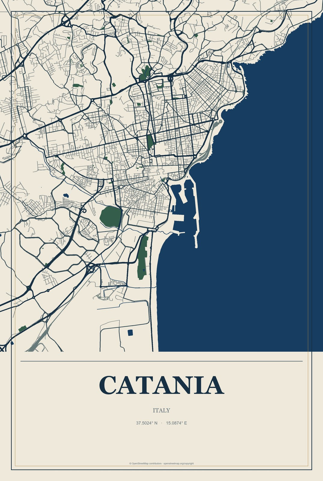 Catania, Italy City Map Aluminum Sign in Coastal Cutout style