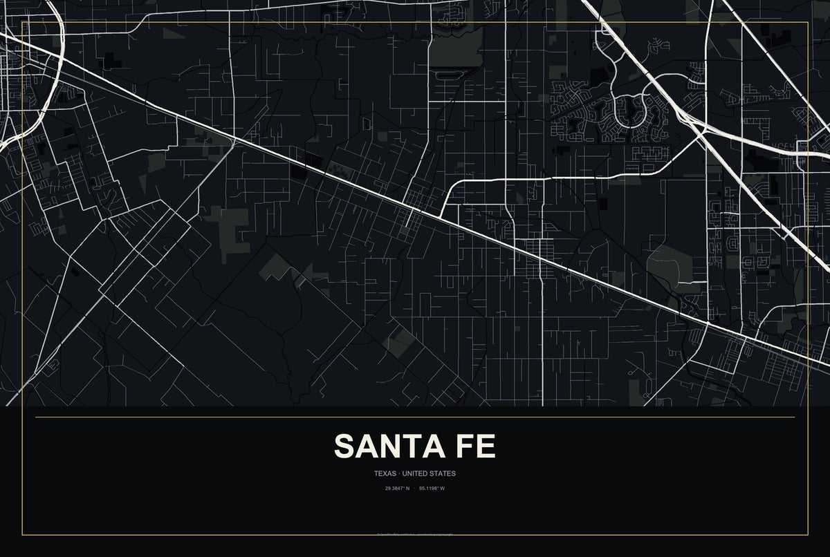 Santa Fe, Texas City Map Aluminum Sign in Metropolitan Noir style