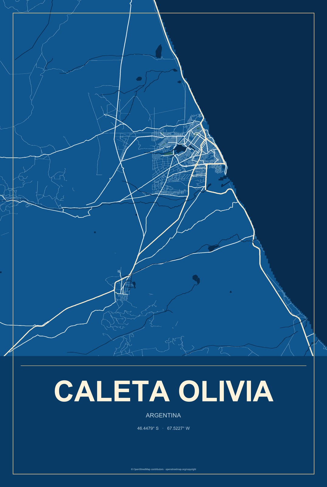 Caleta Olivia, Argentina City Map Aluminum Sign in Harbor Cobalt style