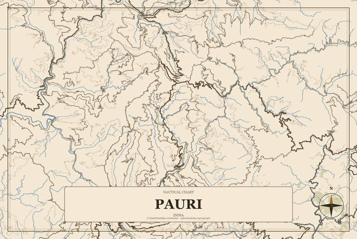 Pauri, India City Map Aluminum Sign in Heritage Nautical style