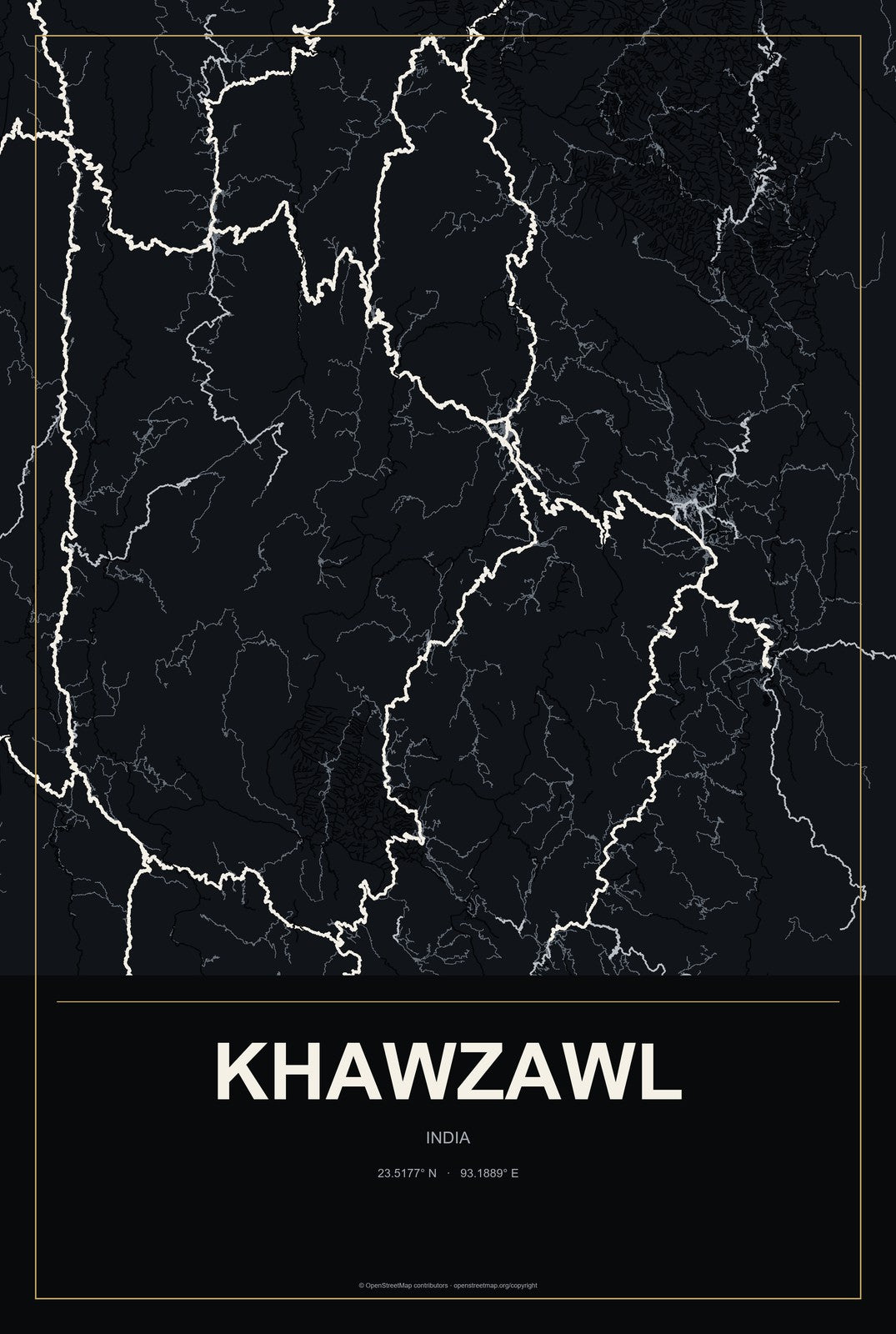 Khawzawl, India City Map Aluminum Sign in Metropolitan Noir style