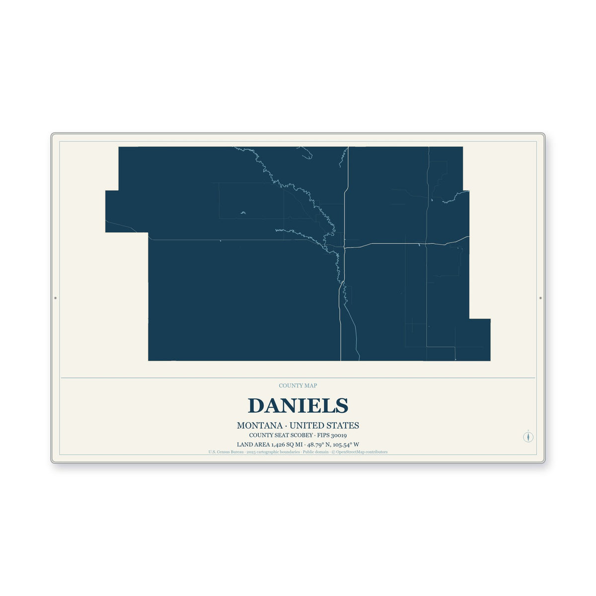 Daniels County, Montana Map Aluminum Sign in Coastal Cutout style