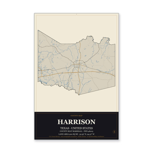 Harrison County, Texas Map Aluminum Sign in Museum Plaque style
