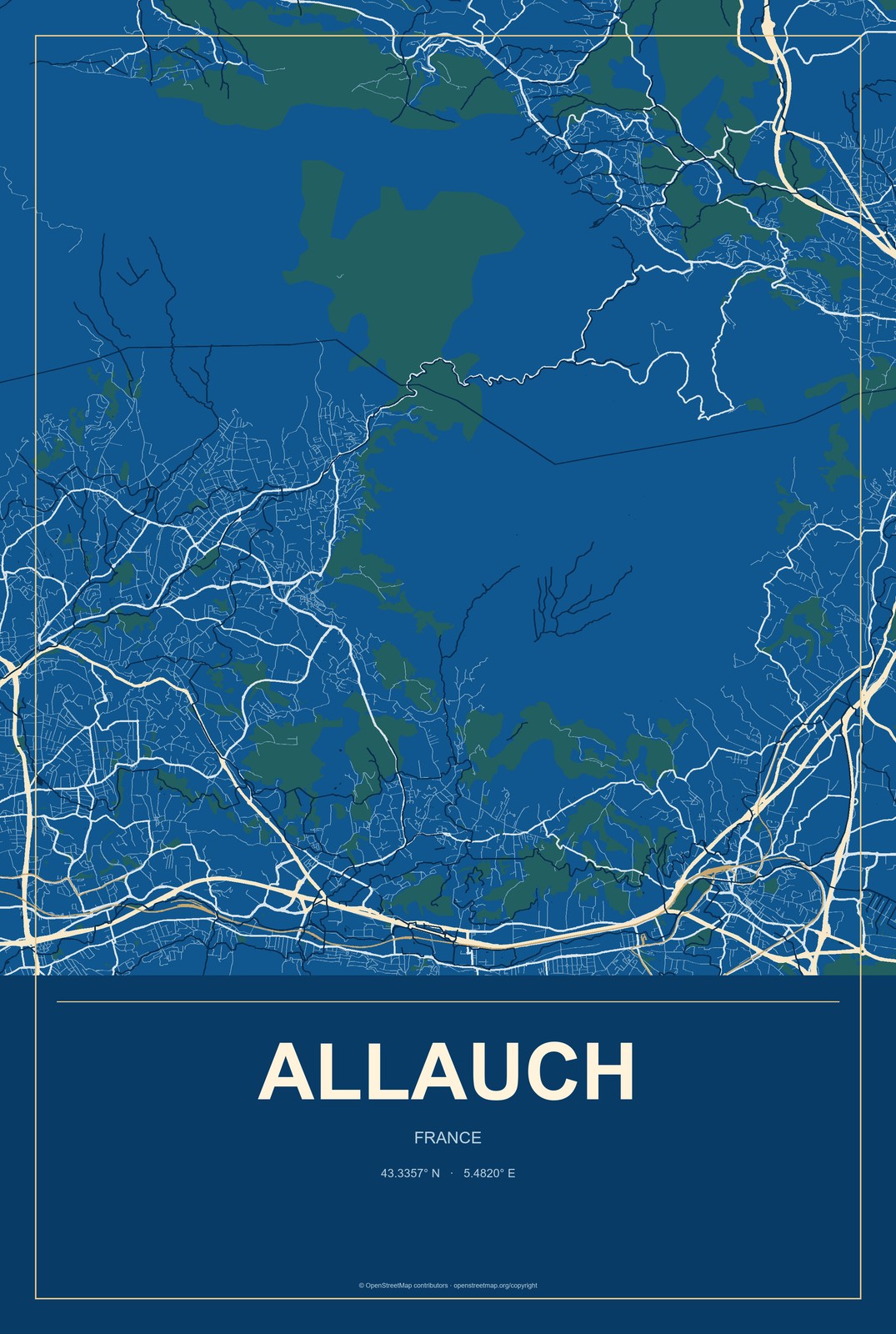Allauch, France City Map Aluminum Sign in Harbor Cobalt style