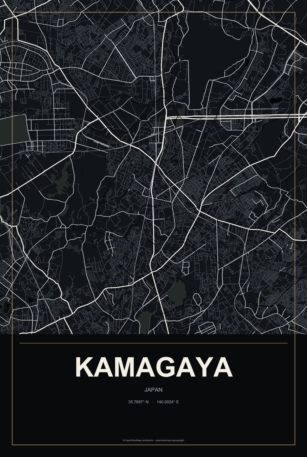 Kamagaya, Japan City Map Aluminum Sign in Metropolitan Noir style