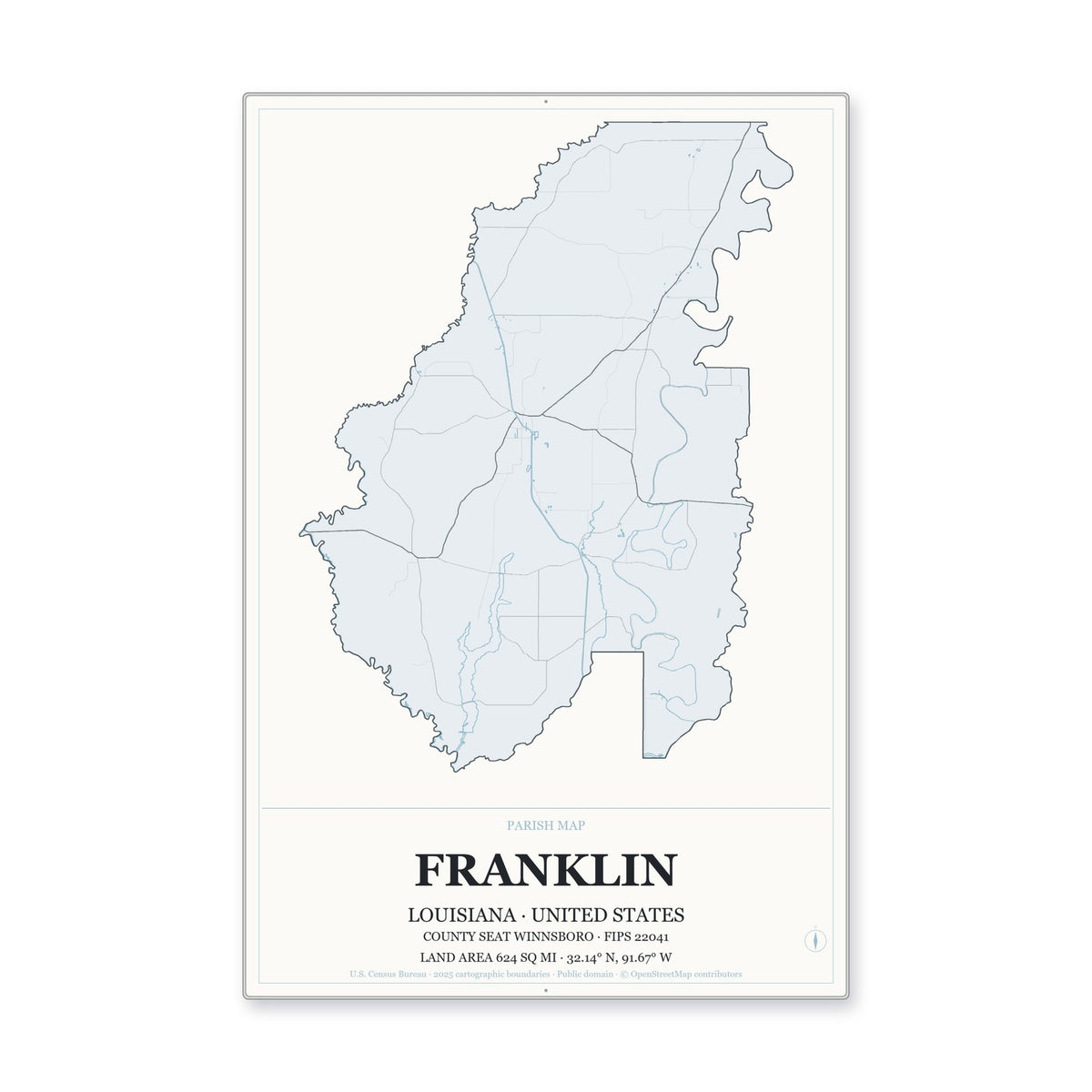 Franklin Parish, Louisiana Map Aluminum Sign in Gallery Air style