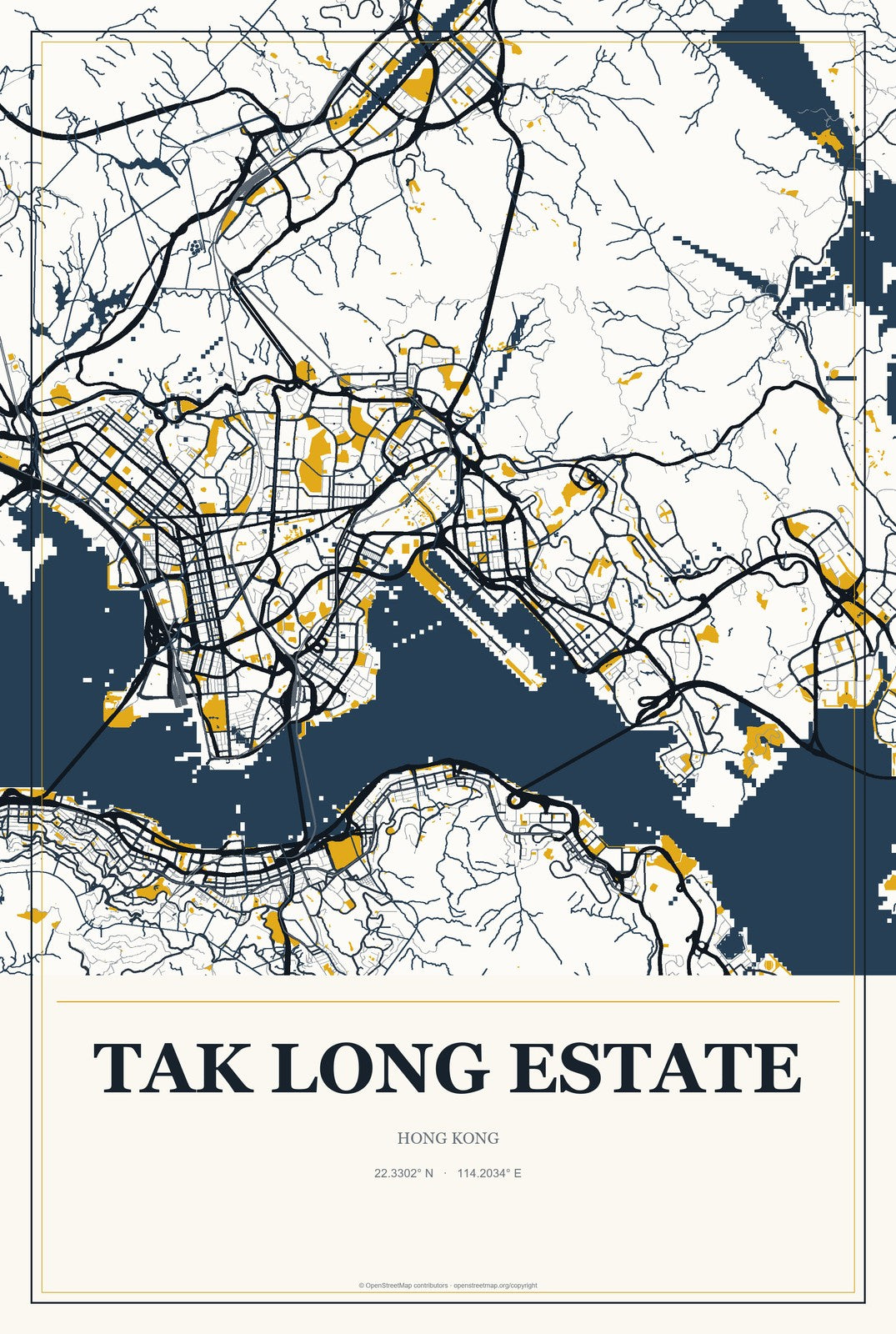 Tak Long Estate, Hong Kong City Map Aluminum Sign in Citrine Modern style