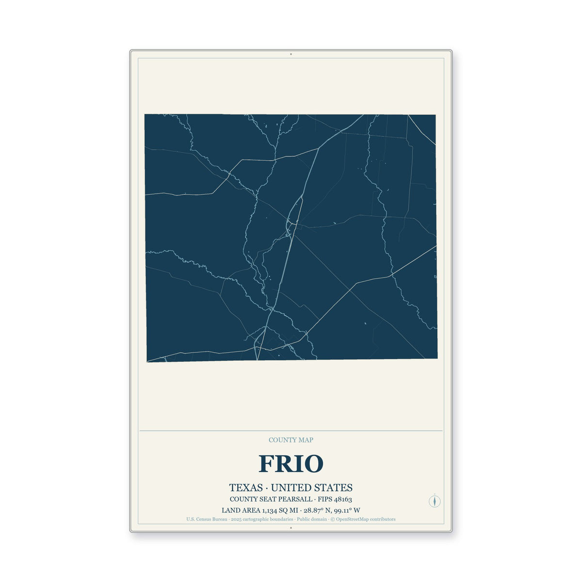 Frio County, Texas Map Aluminum Sign in Coastal Cutout style