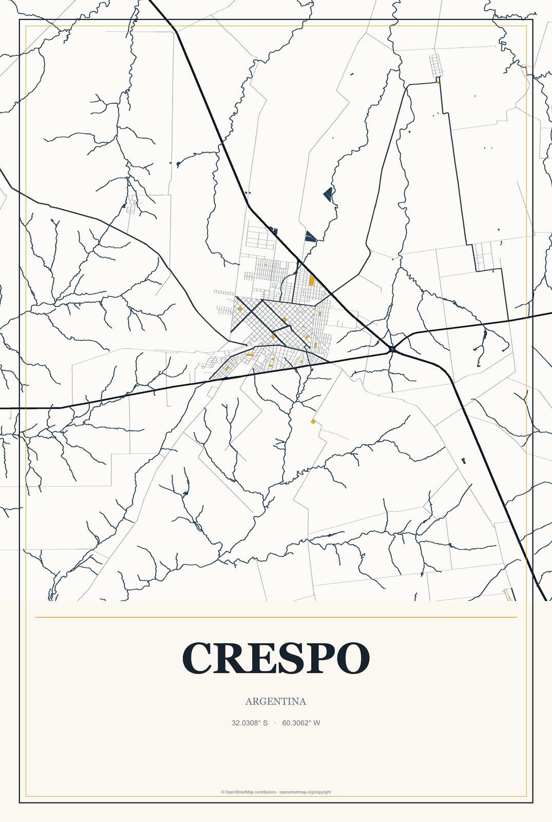 Crespo, Argentina City Map Aluminum Sign in Citrine Modern style