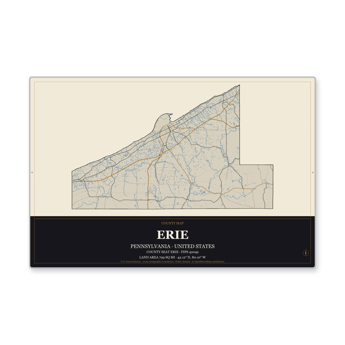 Erie County, Pennsylvania Map Aluminum Sign in Museum Plaque style