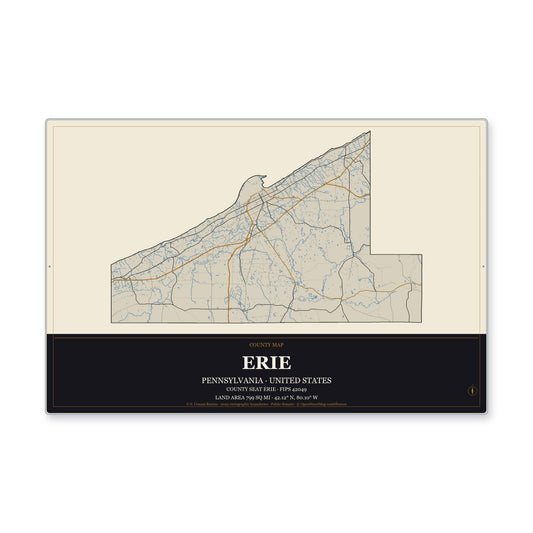 Erie County, Pennsylvania Map Aluminum Sign in Museum Plaque style