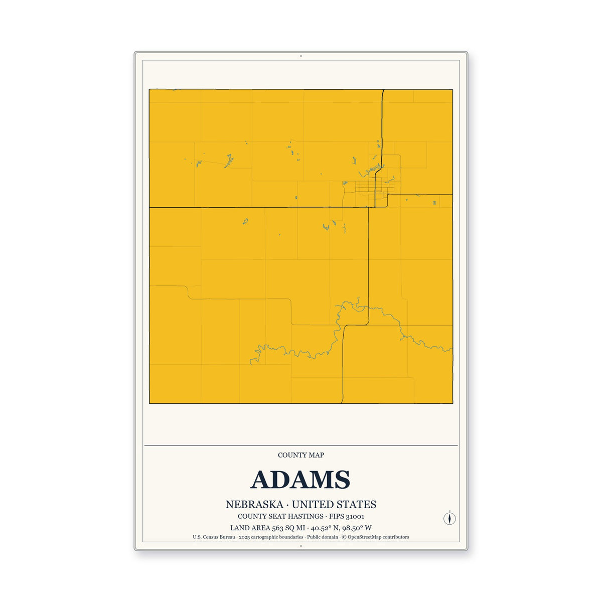 Adams County, Nebraska Map Aluminum Sign in Citrine Modern style
