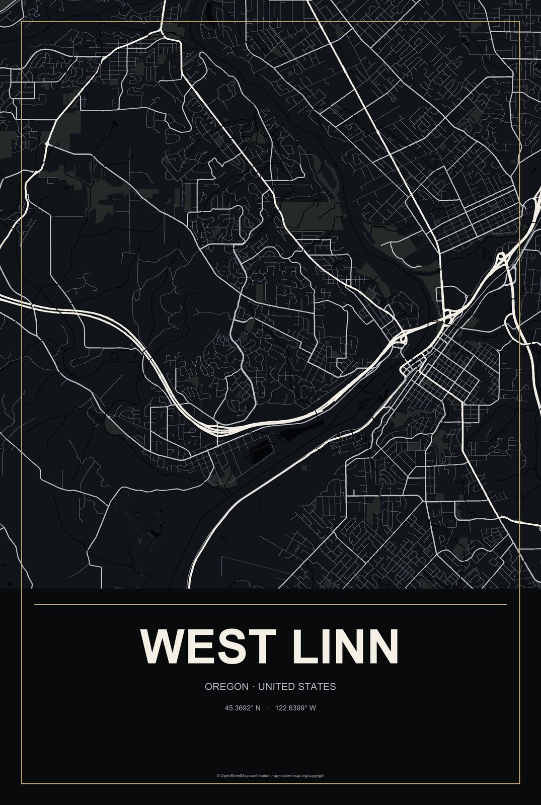 West Linn, Oregon City Map Aluminum Sign in Metropolitan Noir style