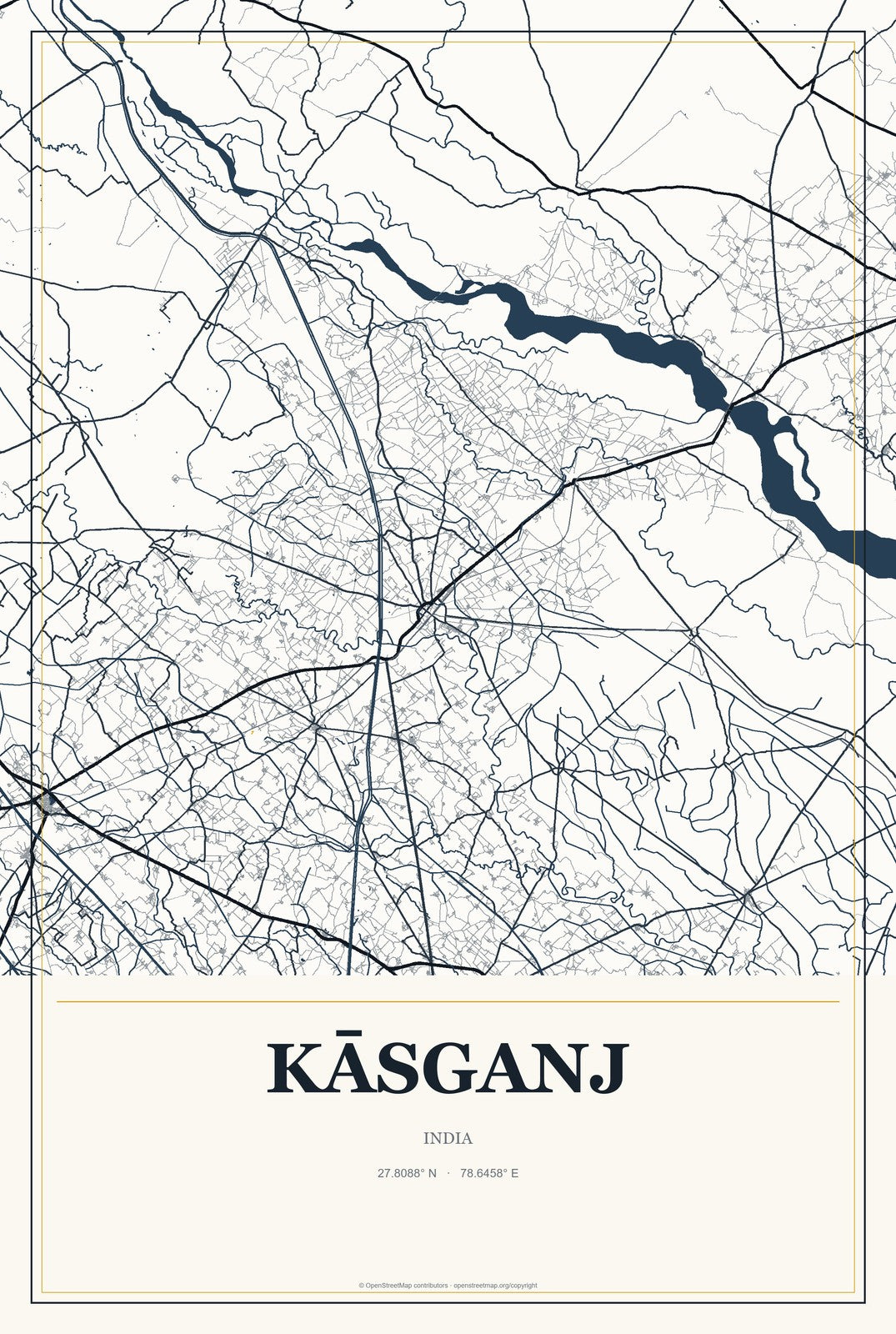 Kāsganj, India City Map Aluminum Sign in Citrine Modern style