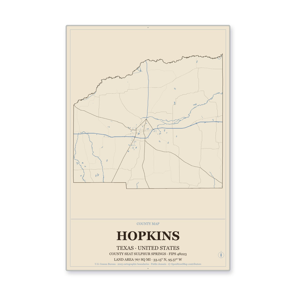 Hopkins County, Texas Map Aluminum Sign in Heritage Nautical style