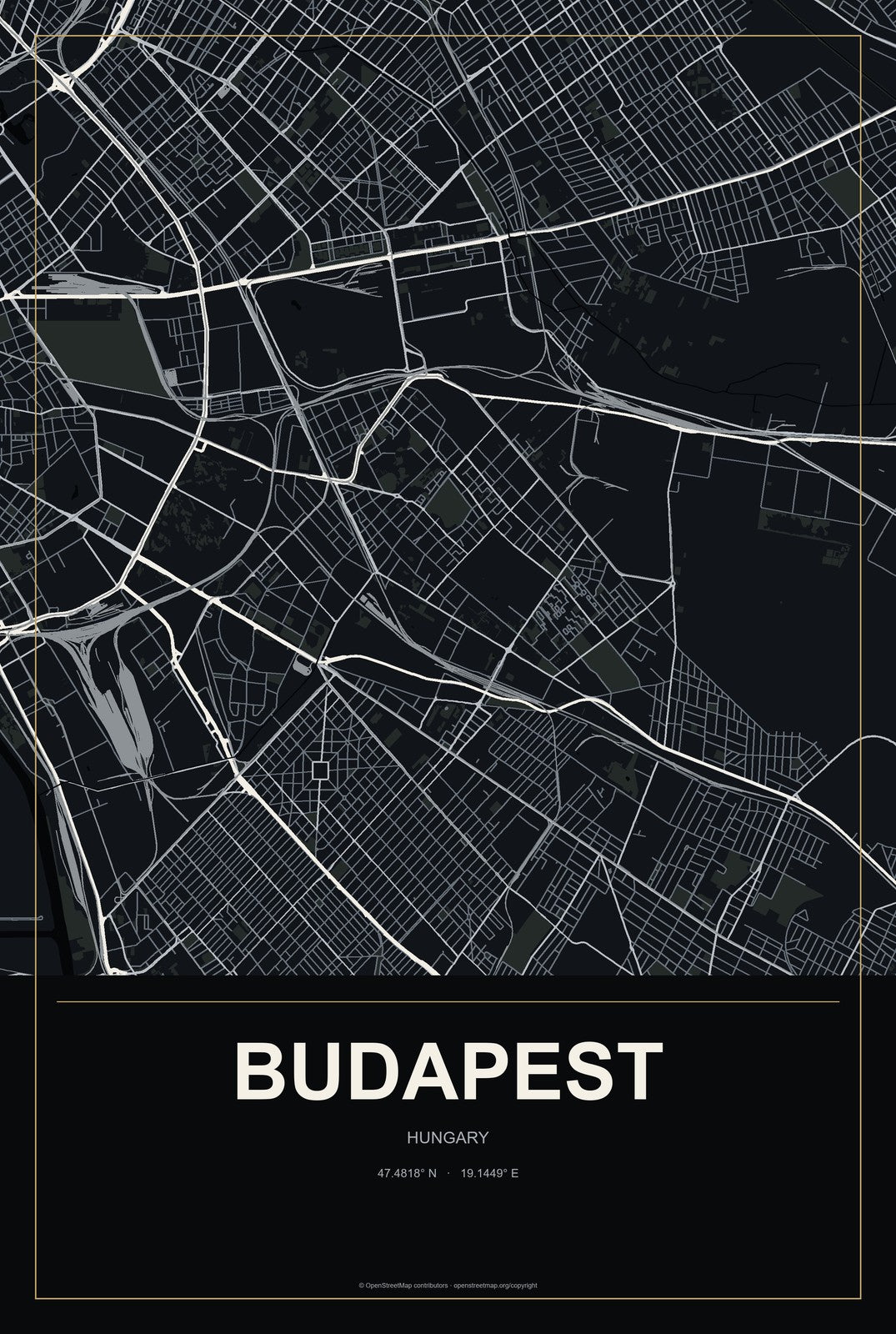 Budapest, Hungary City Map Aluminum Sign in Metropolitan Noir style