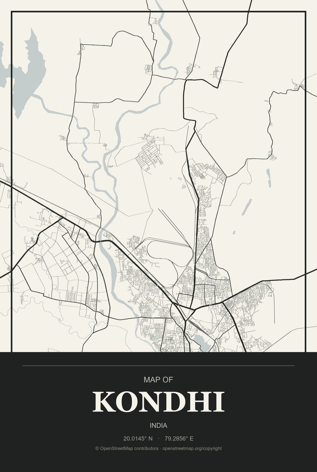 Kondhi, India City Map Aluminum Sign in Museum Plaque style