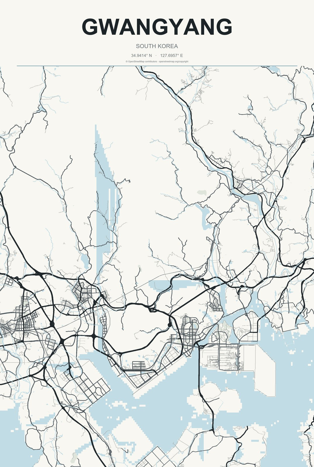 Gwangyang, South Korea City Map Aluminum Sign in Headline Atlas style