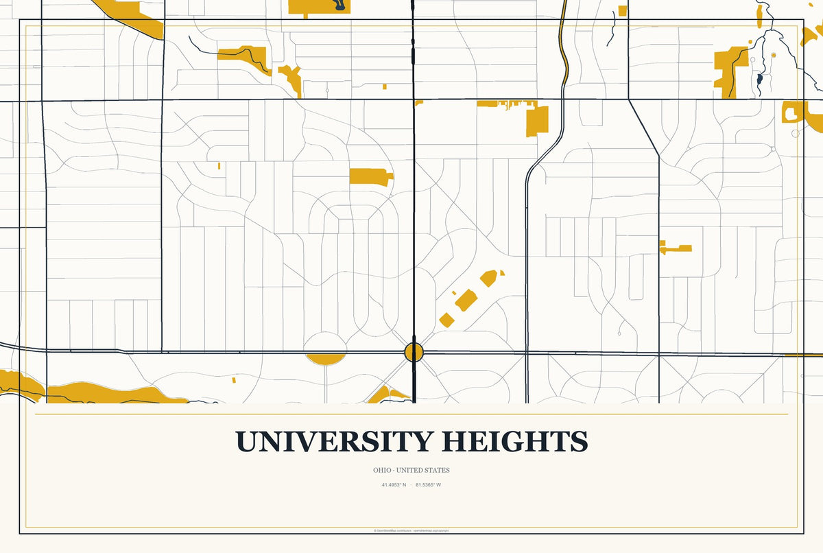 University Heights, Ohio City Map Aluminum Sign in Citrine Modern style