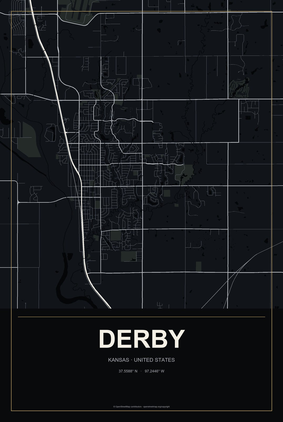 Derby, Kansas City Map Aluminum Sign in Metropolitan Noir style