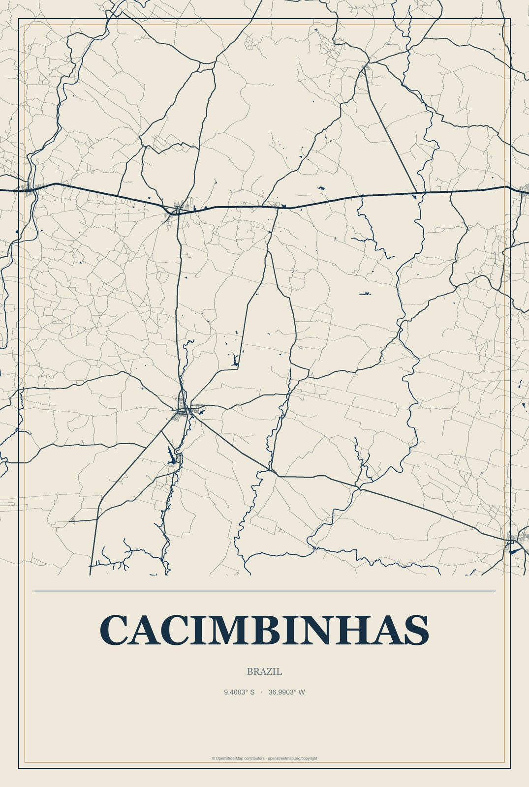 Cacimbinhas, Brazil City Map Aluminum Sign in Coastal Cutout style