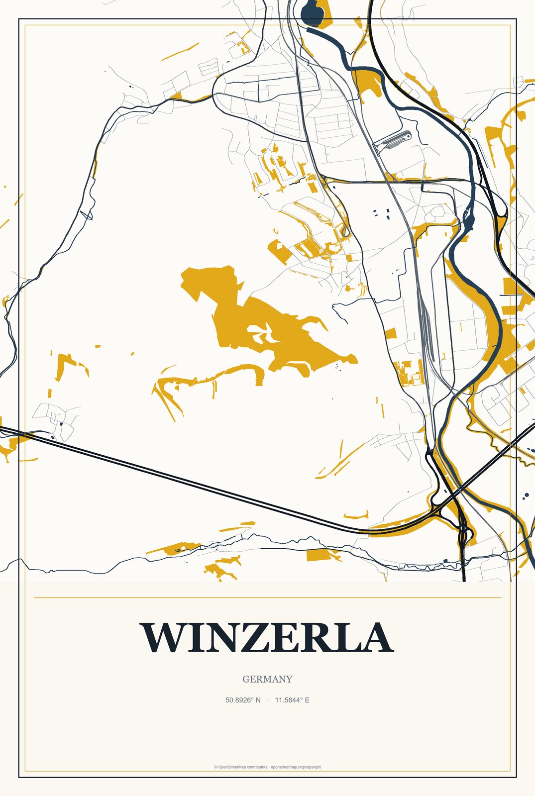 Winzerla, Germany City Map Aluminum Sign in Citrine Modern style
