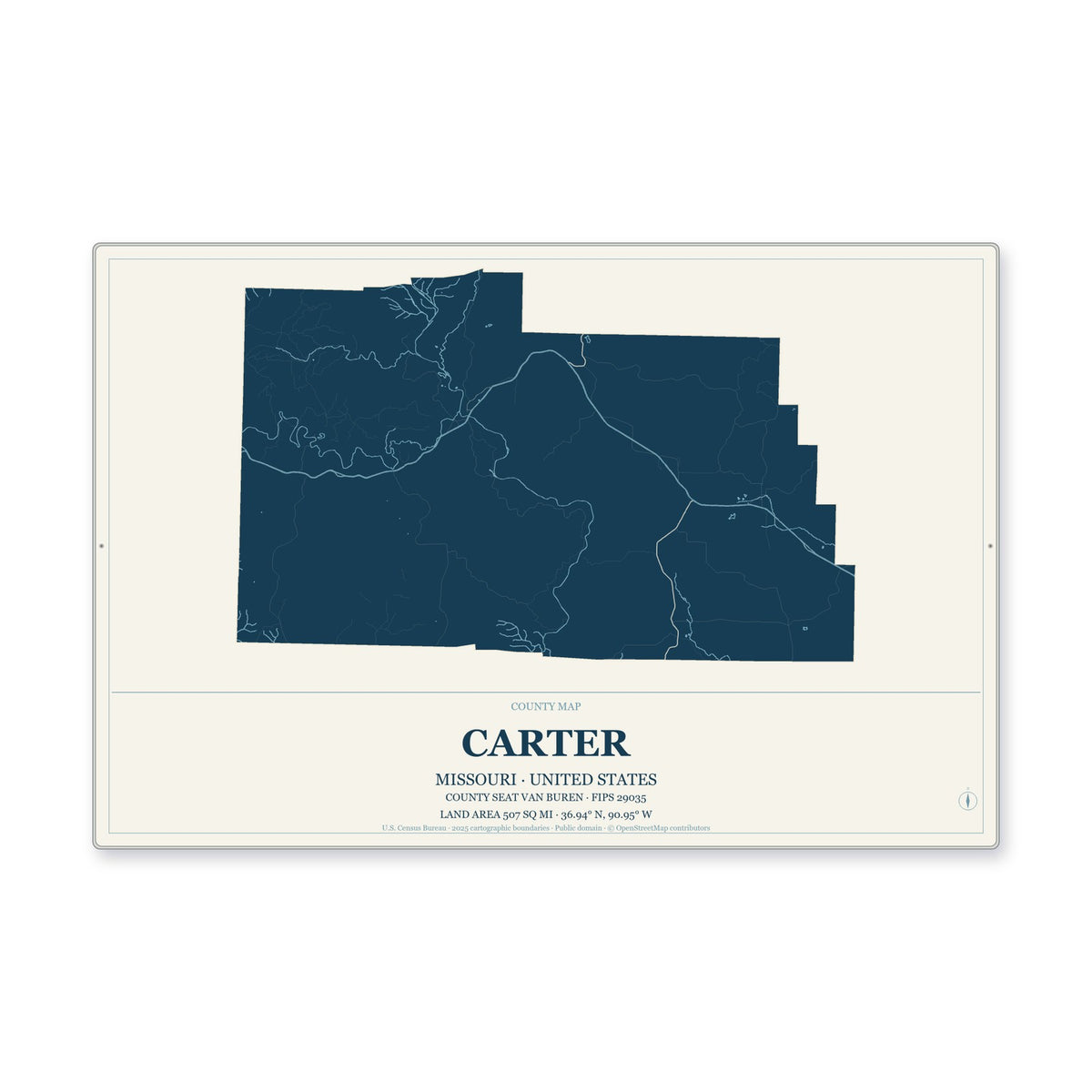 Carter County, Missouri Map Aluminum Sign in Coastal Cutout style