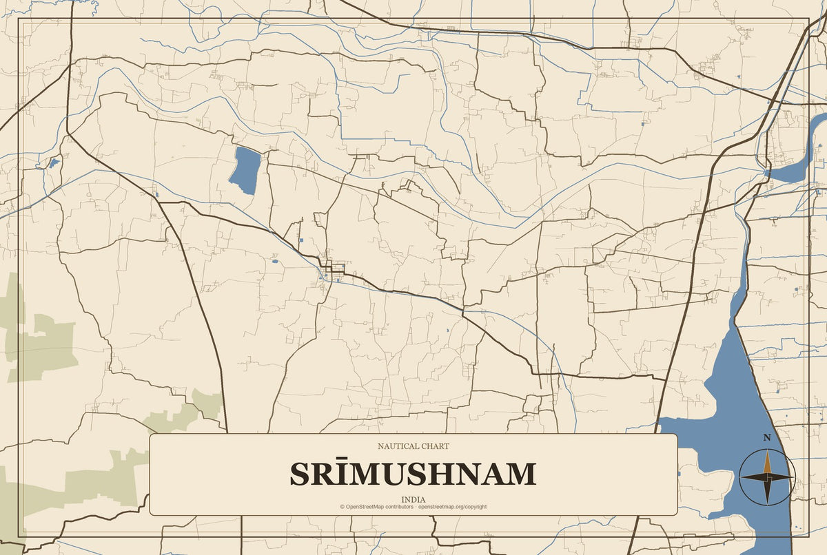 Srīmushnam, India City Map Aluminum Sign in Heritage Nautical style