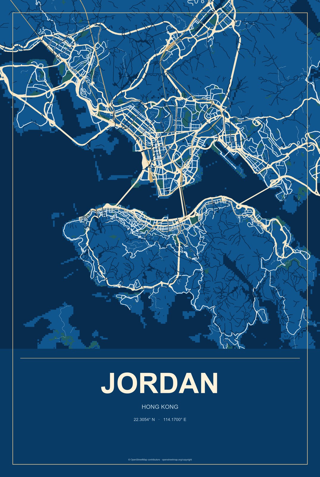 Jordan, Hong Kong City Map Aluminum Sign in Harbor Cobalt style