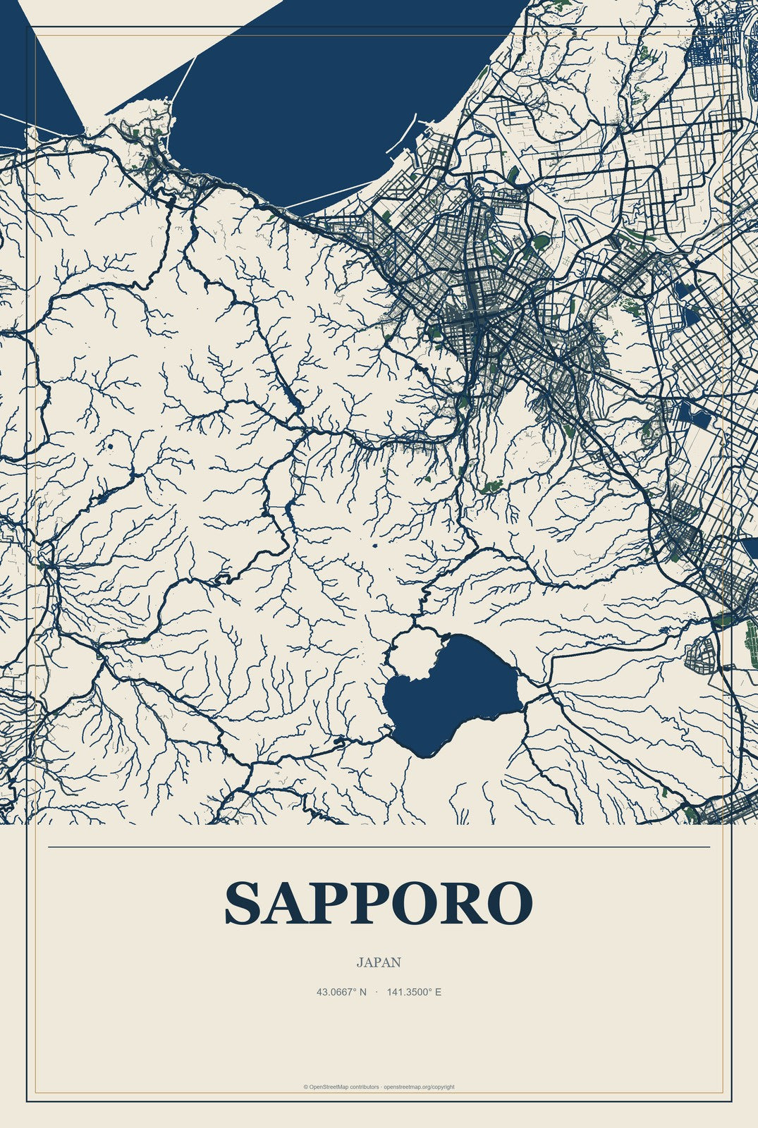Sapporo, Japan City Map Aluminum Sign in Coastal Cutout style