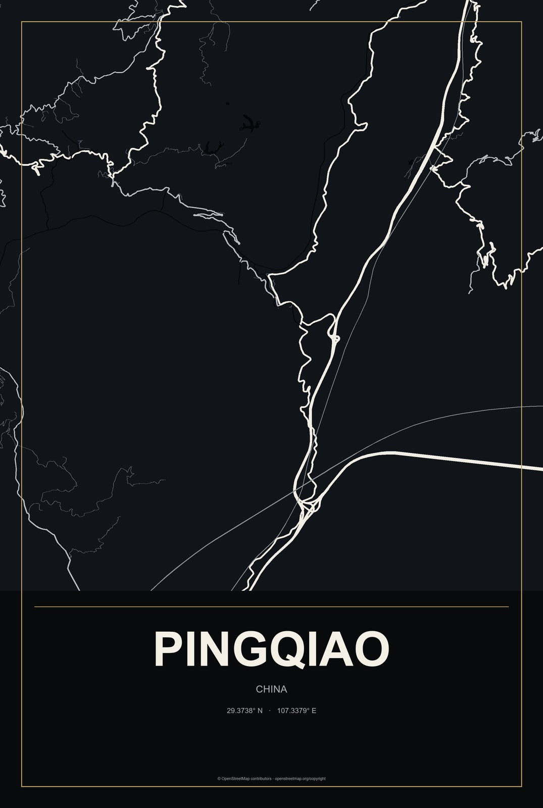 Pingqiao, China City Map Aluminum Sign in Metropolitan Noir style