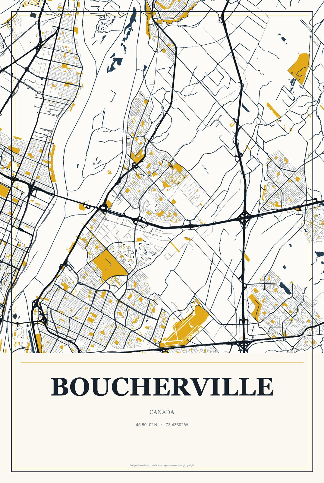 Boucherville, Canada City Map Aluminum Sign in Citrine Modern style
