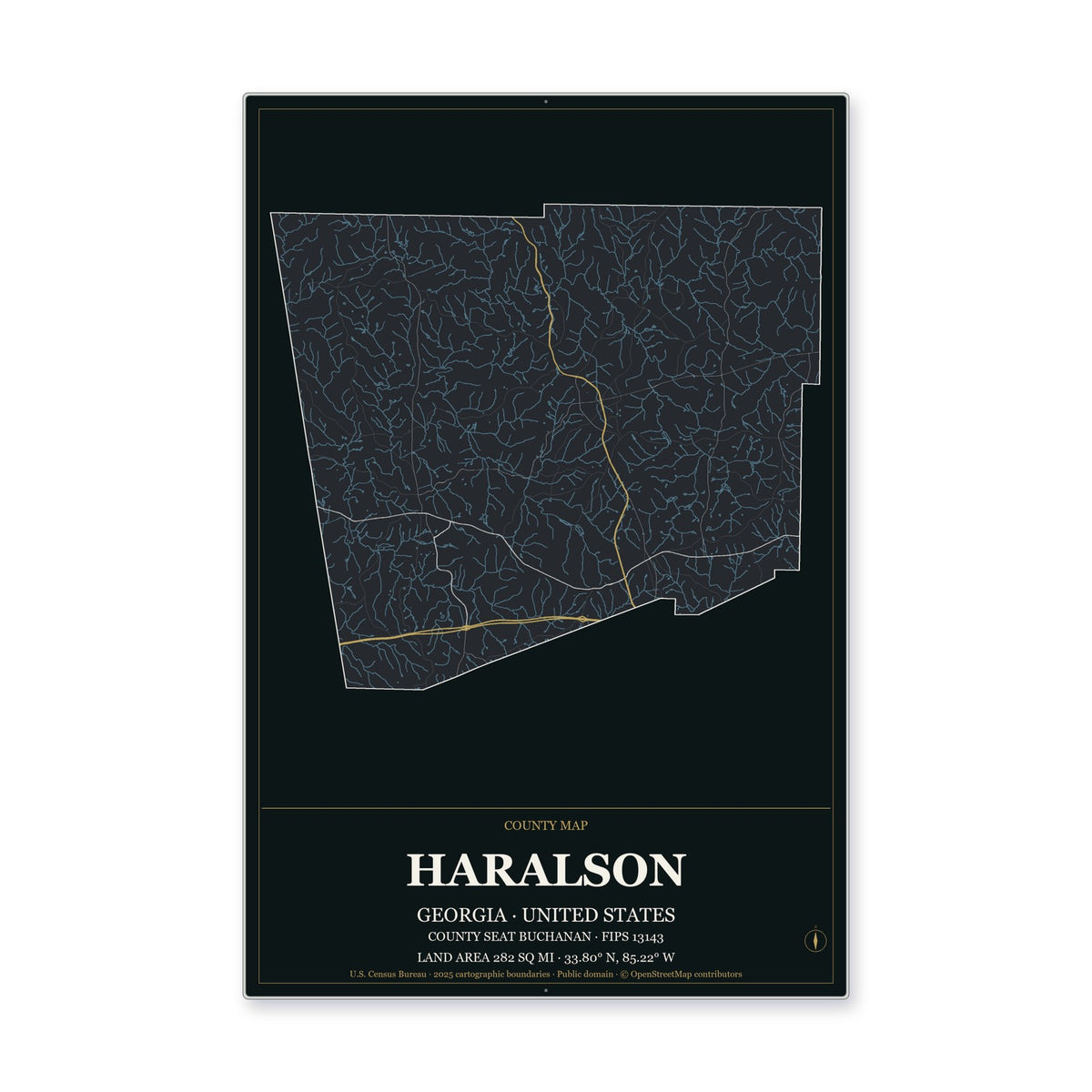 Haralson County, Georgia Map Aluminum Sign in Metropolitan Noir style