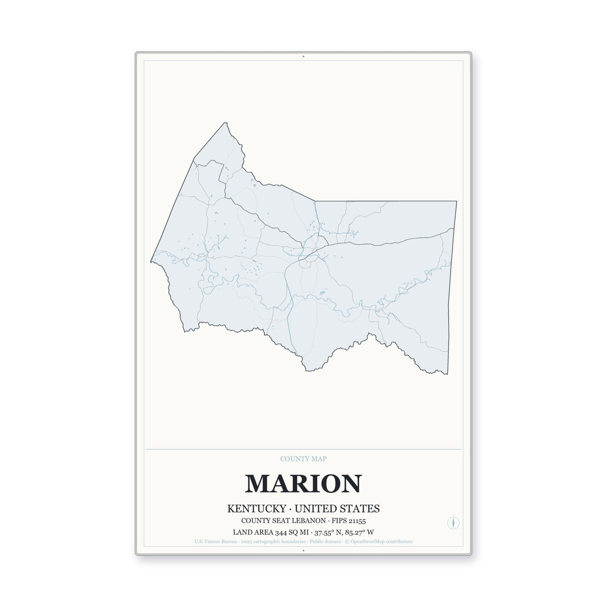 Marion County, Kentucky Map Aluminum Sign in Gallery Air style