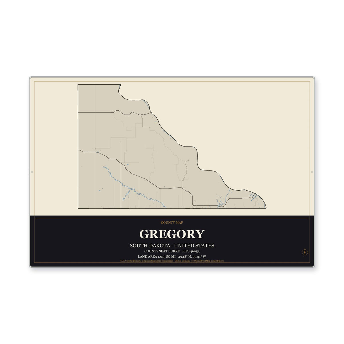 Gregory County, South Dakota Map Aluminum Sign in Museum Plaque style