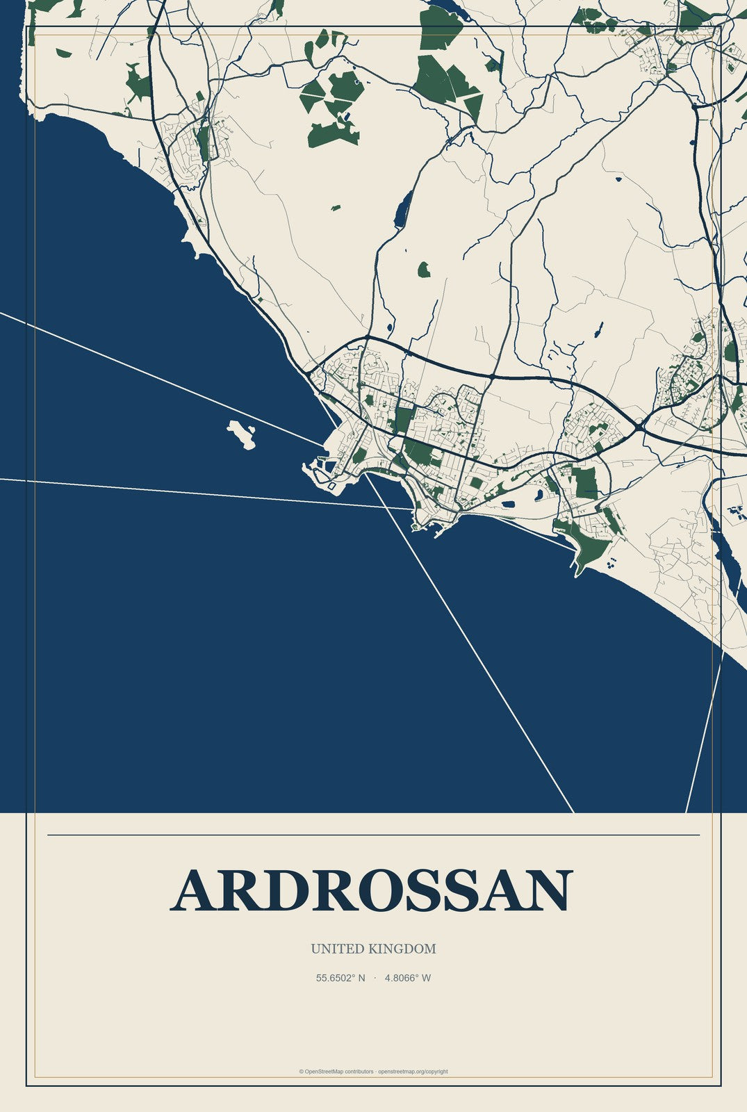 Ardrossan, United Kingdom City Map Aluminum Sign in Coastal Cutout style