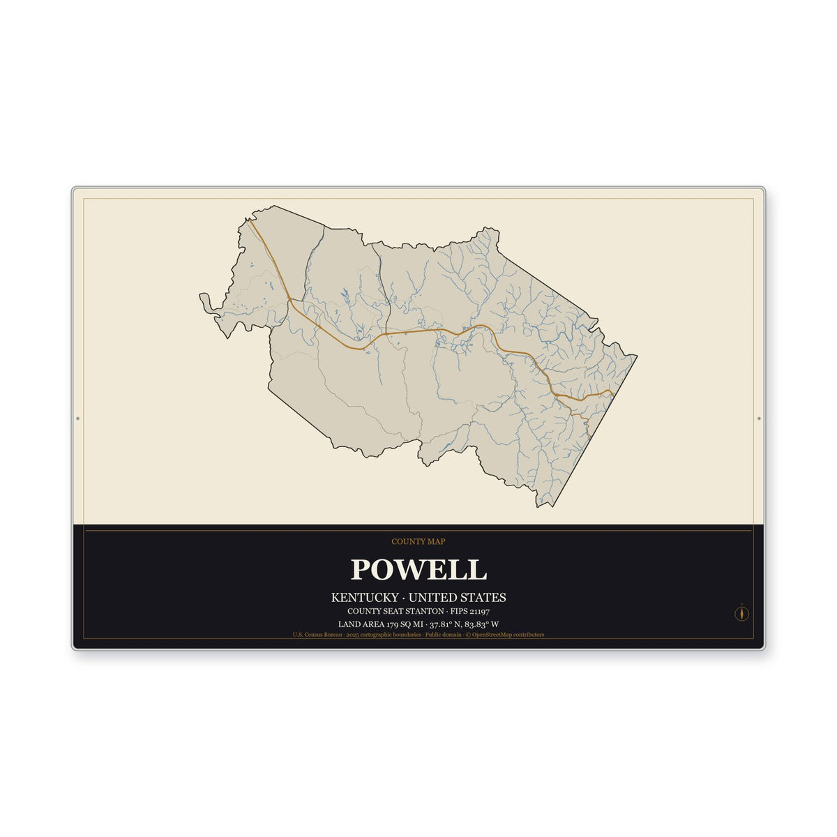 Powell County, Kentucky Map Aluminum Sign in Museum Plaque style