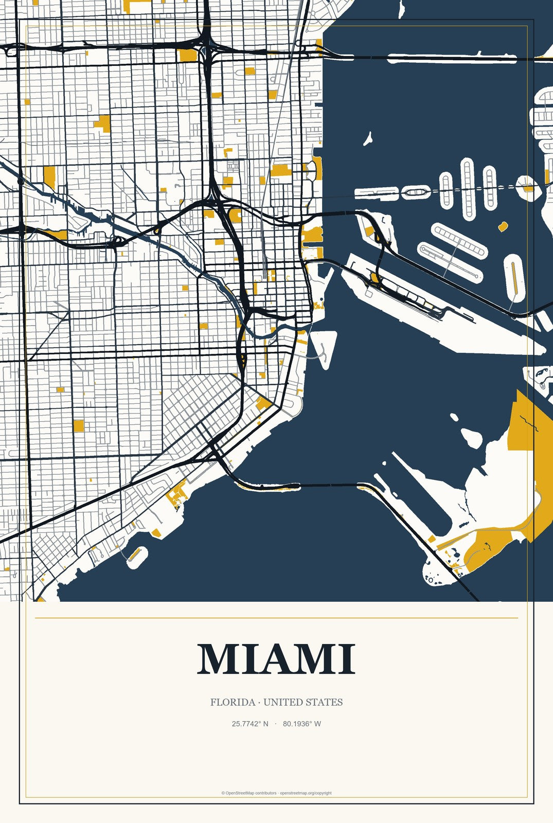 Miami, Florida City Map Aluminum Sign in Citrine Modern style