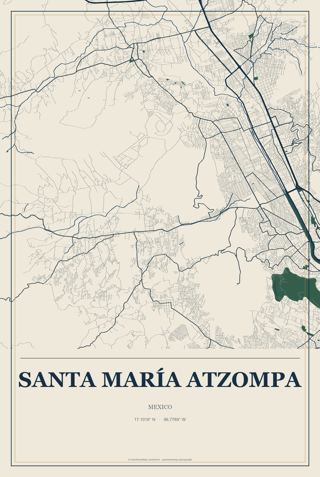 Santa María Atzompa, Mexico City Map Aluminum Sign in Coastal Cutout style