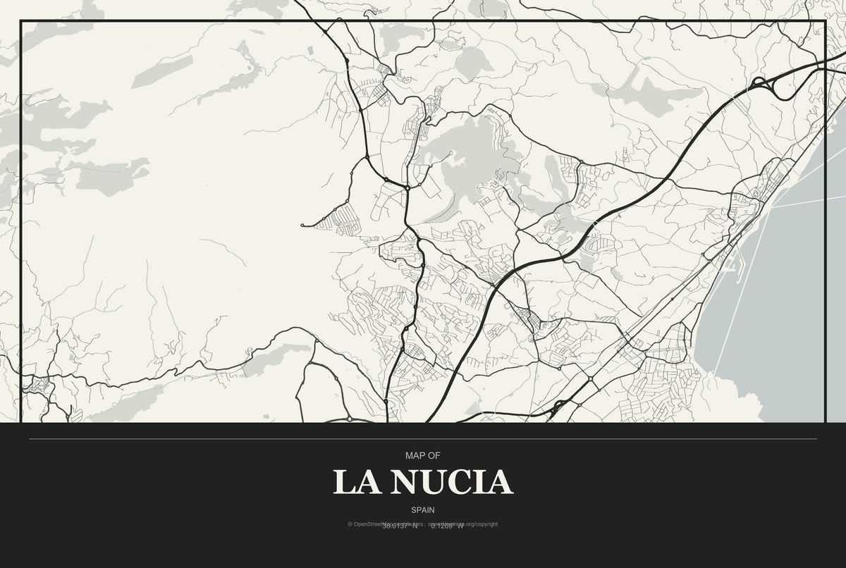 la Nucia, Spain City Map Aluminum Sign in Museum Plaque style