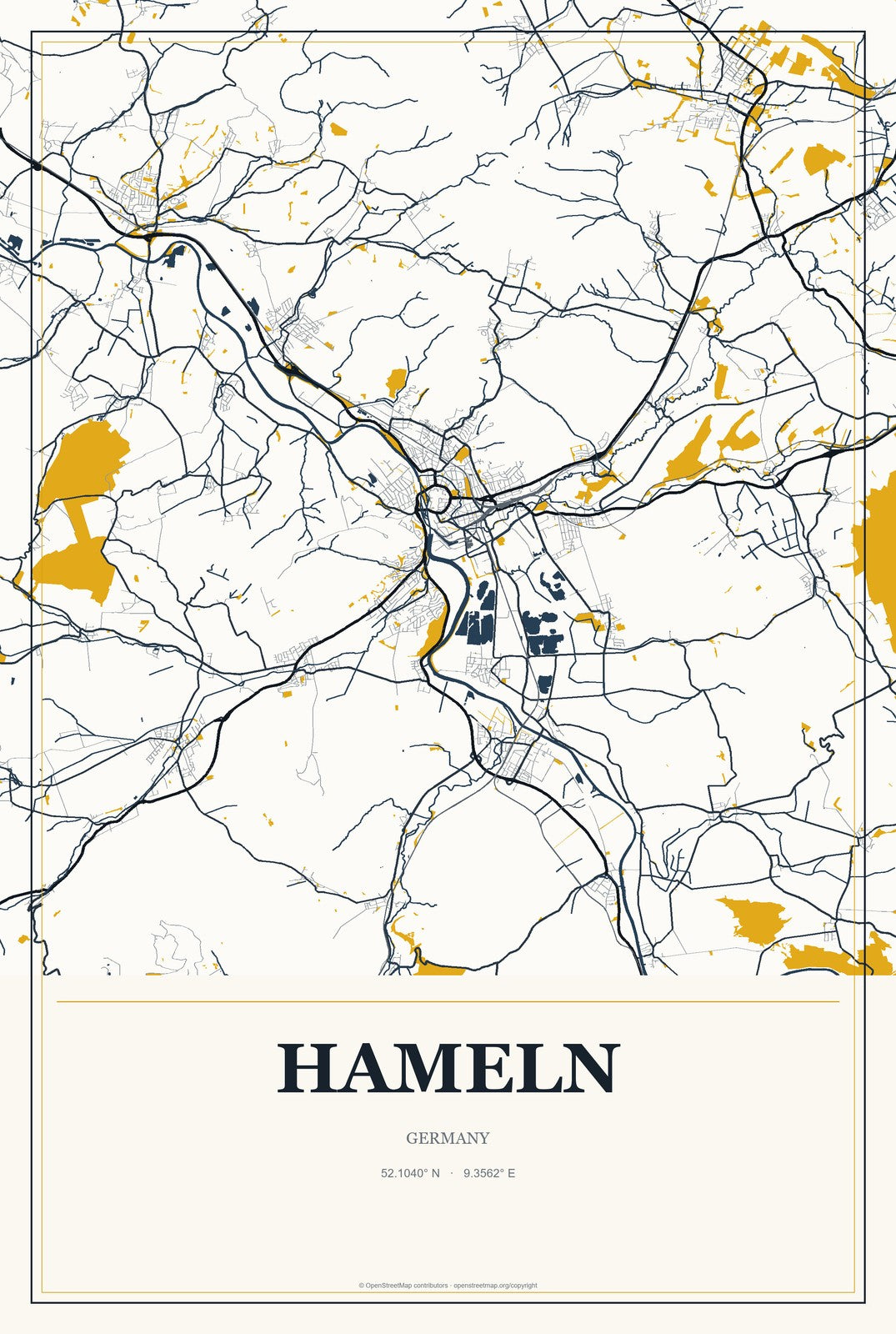 Hameln, Germany City Map Aluminum Sign in Citrine Modern style
