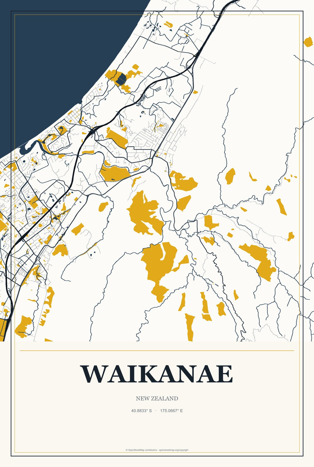 Waikanae, New Zealand City Map Aluminum Sign in Citrine Modern style
