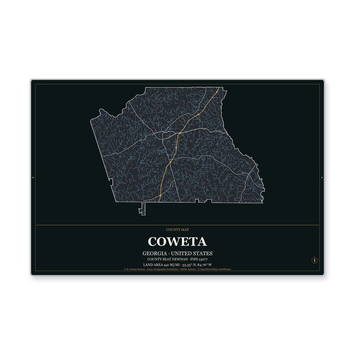 Coweta County, Georgia Map Aluminum Sign in Metropolitan Noir style