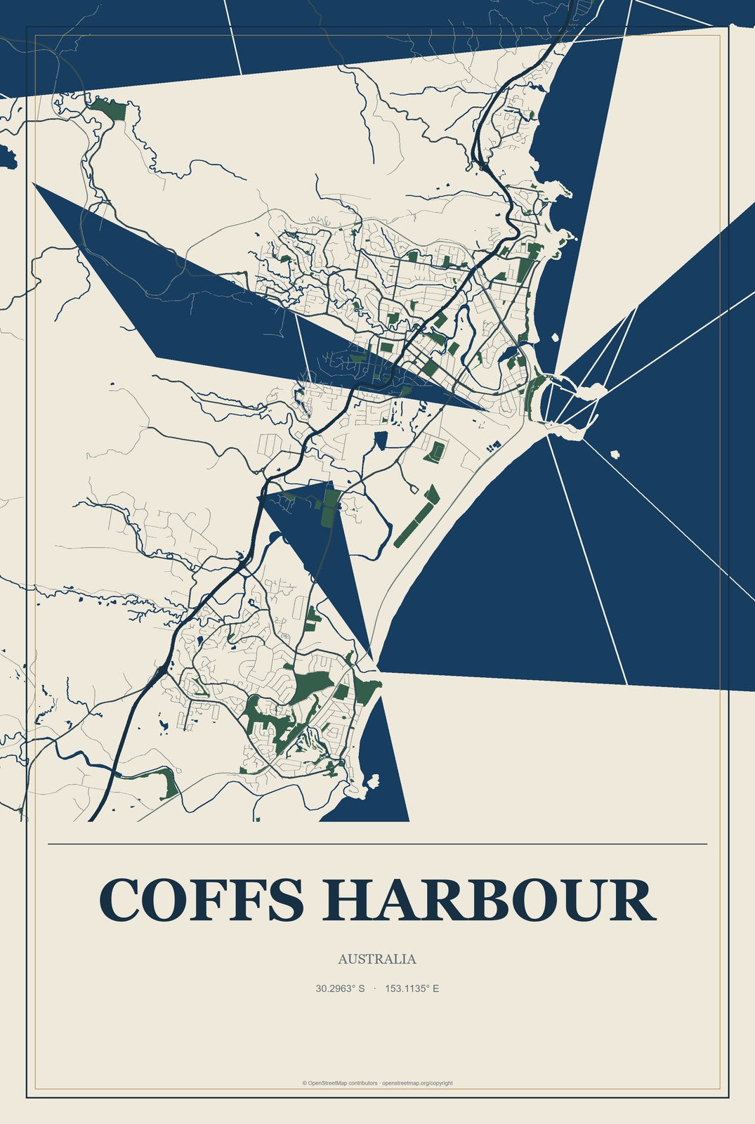 Coffs Harbour, Australia City Map Aluminum Sign in Coastal Cutout style