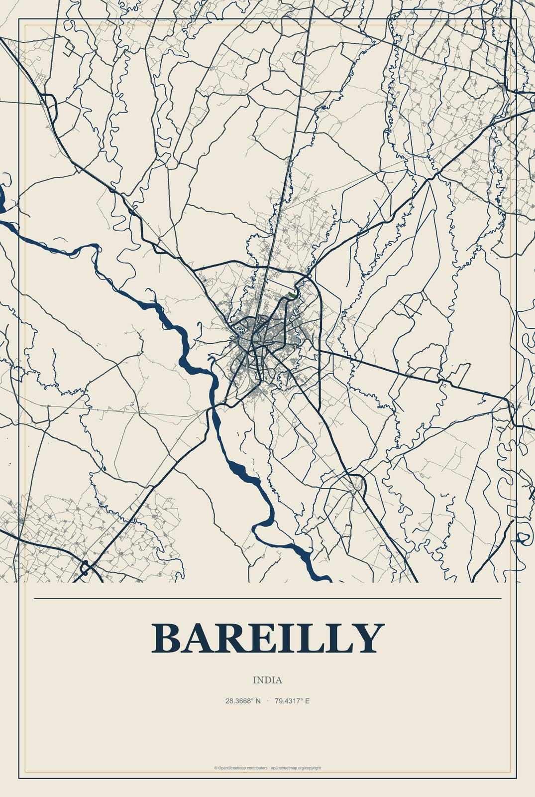 Bareilly, India City Map Aluminum Sign in Coastal Cutout style
