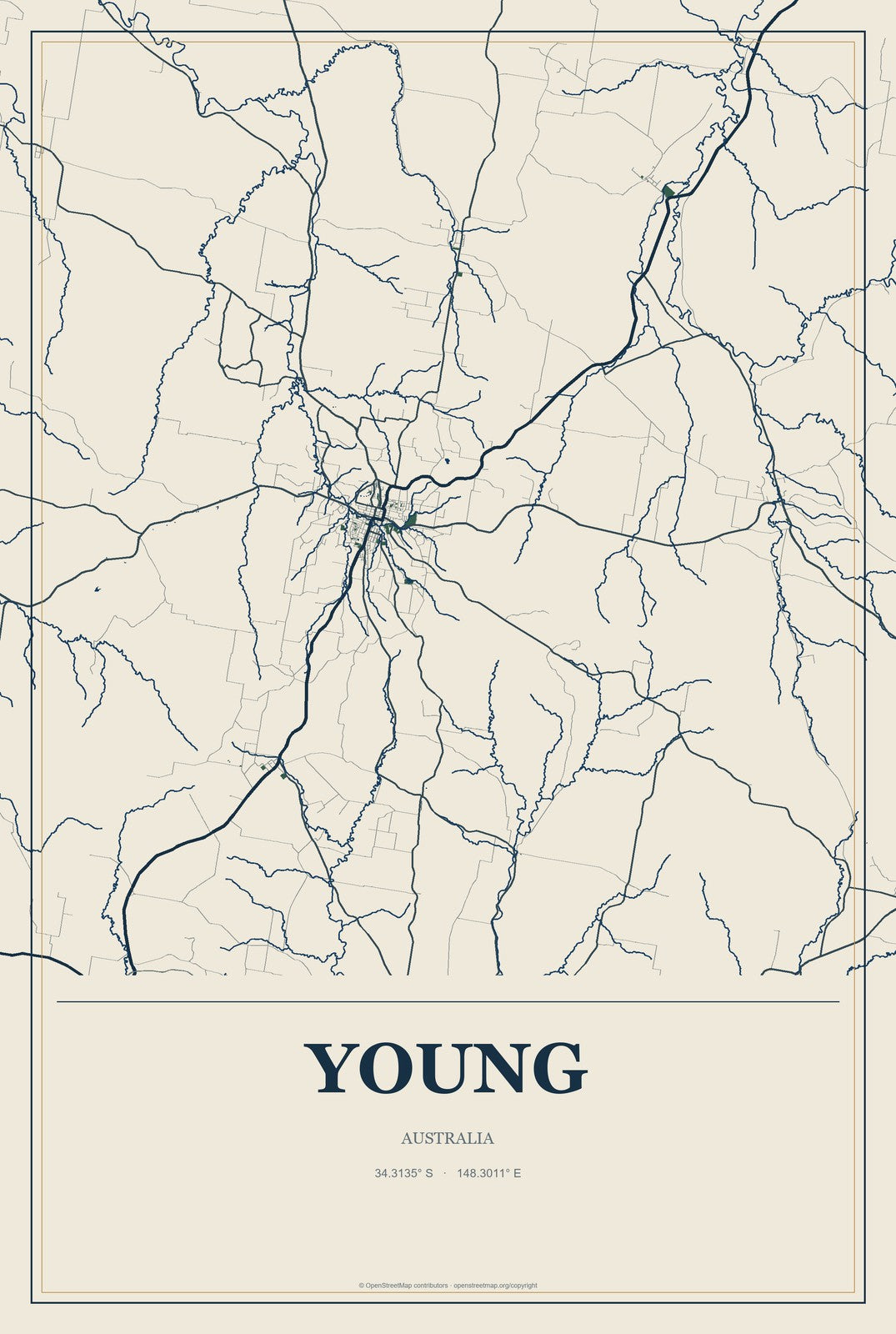 Young, Australia City Map Aluminum Sign in Coastal Cutout style