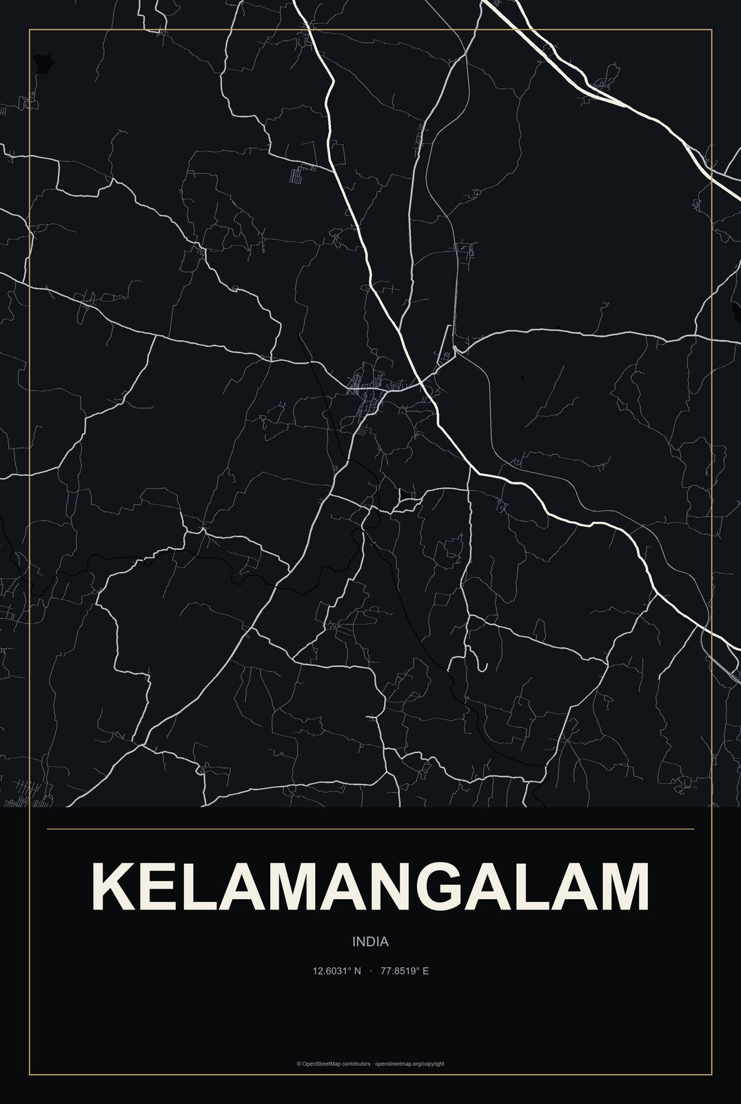 Kelamangalam, India City Map Aluminum Sign in Metropolitan Noir style