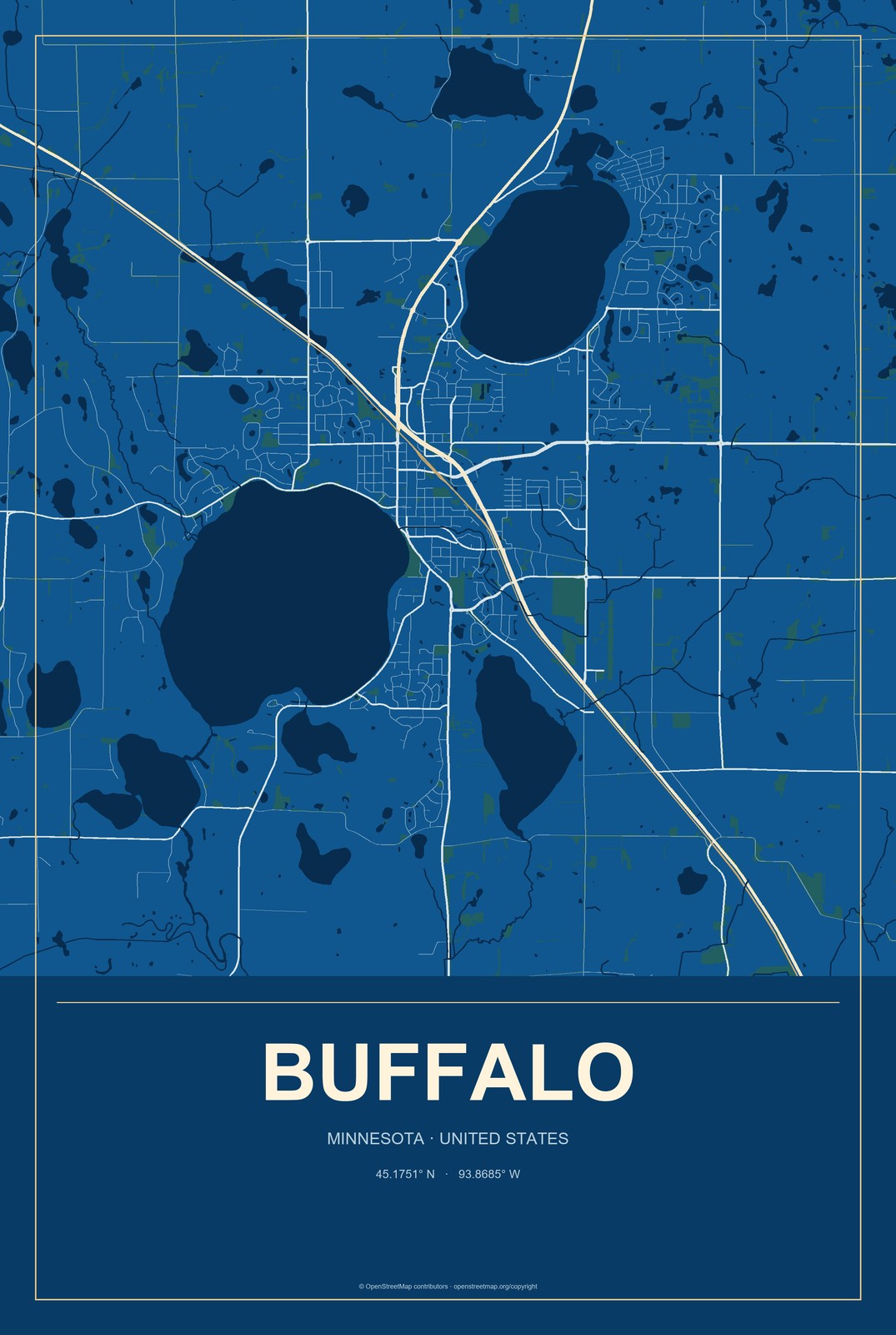 Buffalo, Minnesota City Map Aluminum Sign in Harbor Cobalt style