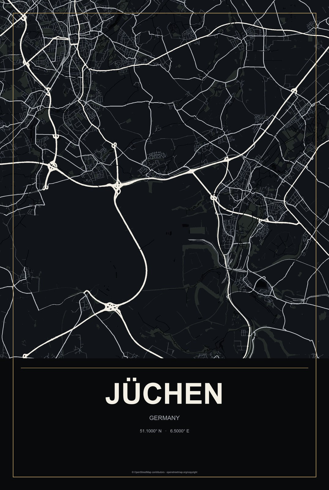 Jüchen, Germany City Map Aluminum Sign in Metropolitan Noir style