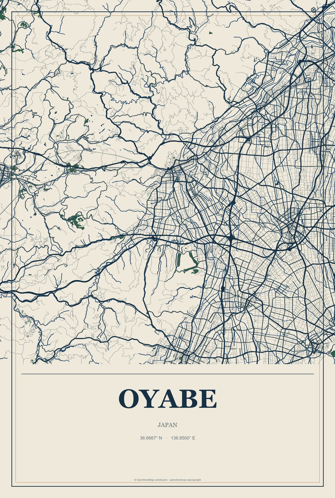 Oyabe, Japan City Map Aluminum Sign in Coastal Cutout style